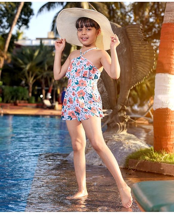 Pine Kids Sleeveless   Frock Style Swimsuit Floral Print - White