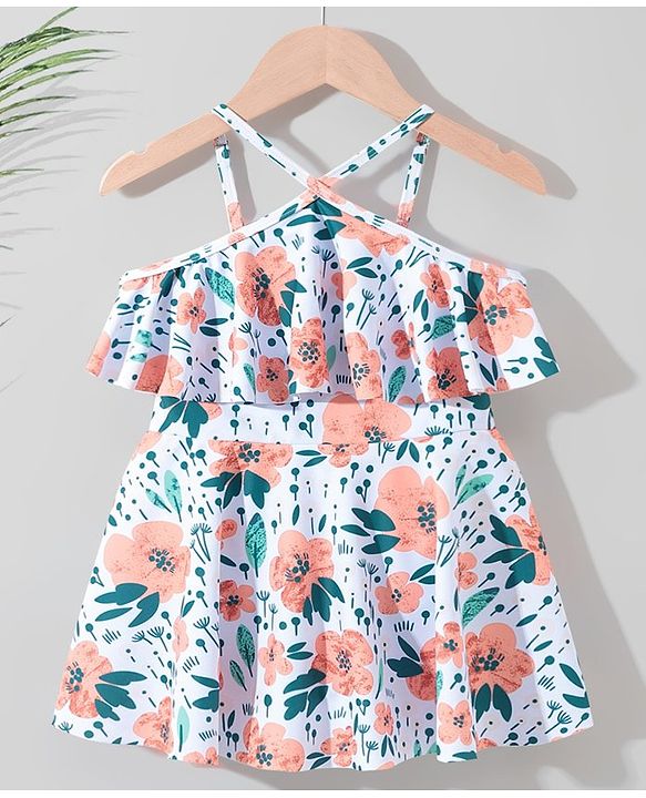 Pine Kids Sleeveless   Frock Style Swimsuit Floral Print - White