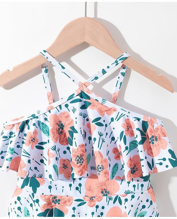 Pine Kids Sleeveless   Frock Style Swimsuit Floral Print - White