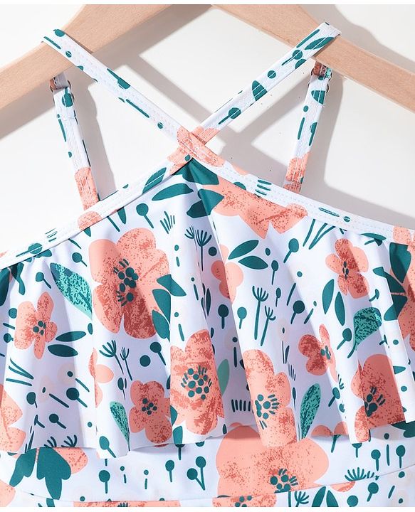 Pine Kids Sleeveless   Frock Style Swimsuit Floral Print - White