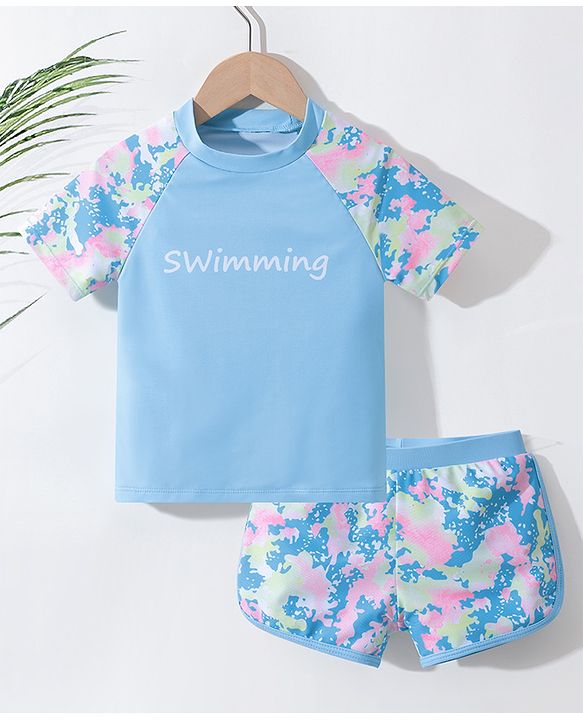 Pine Active Half Sleeves Two Piece Swimsuit Splash Print- Blue