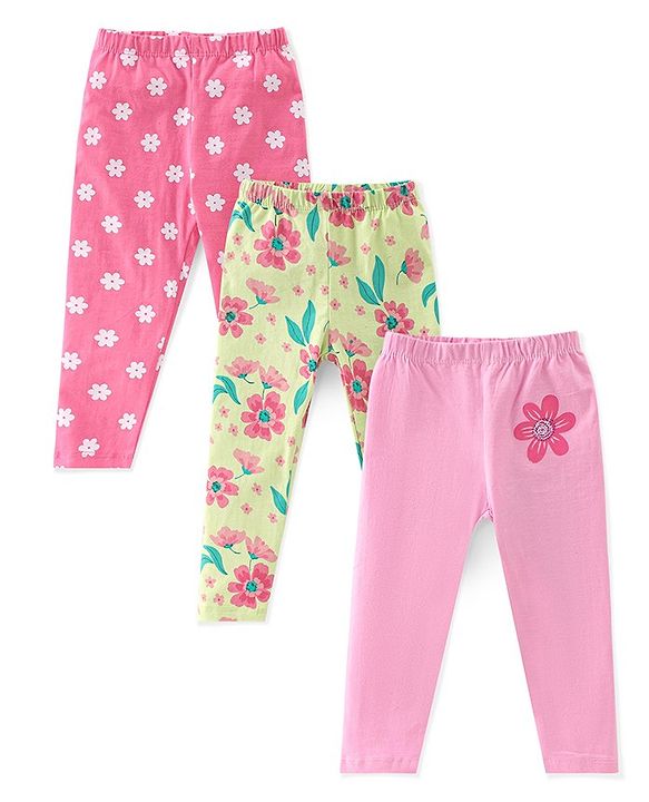 Babyhug Cotton Lycra Full Length Floral Printed Leggings Pack of 3 - Pink & Cream