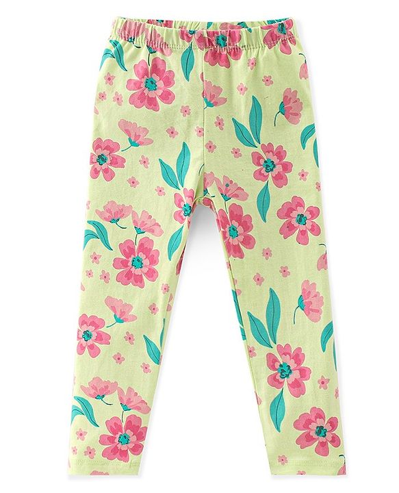 Babyhug Cotton Lycra Full Length Floral Printed Leggings Pack of 3 - Pink & Cream