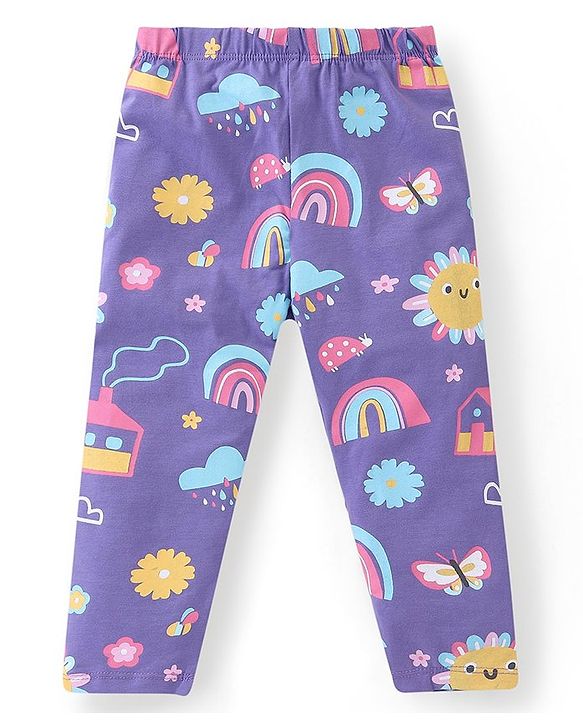 Babyhug Cotton Lycra Full Length Leggings With Stretch Floral & Rainbow Print Pack of 3 - Multicolor