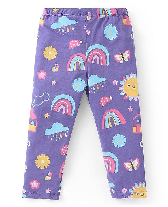 Babyhug Cotton Lycra Full Length Leggings With Stretch Floral & Rainbow Print Pack of 3 - Multicolor