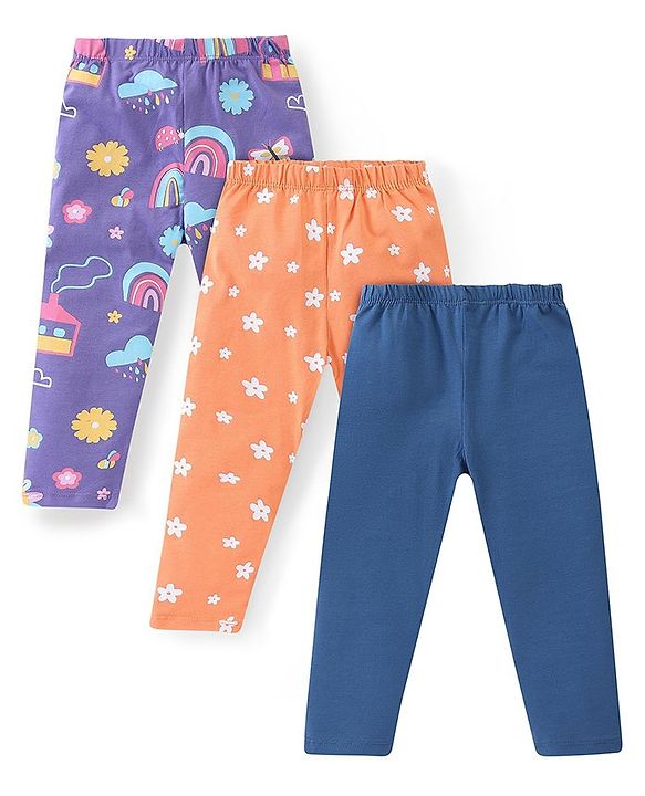 Babyhug Cotton Lycra Full Length Leggings With Stretch Floral & Rainbow Print Pack of 3 - Multicolor