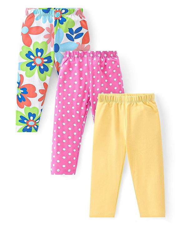 Babyhug Cotton Lycra Knit Full Length Leggings With Strech Floral Print Pack of 3 - Multicolor