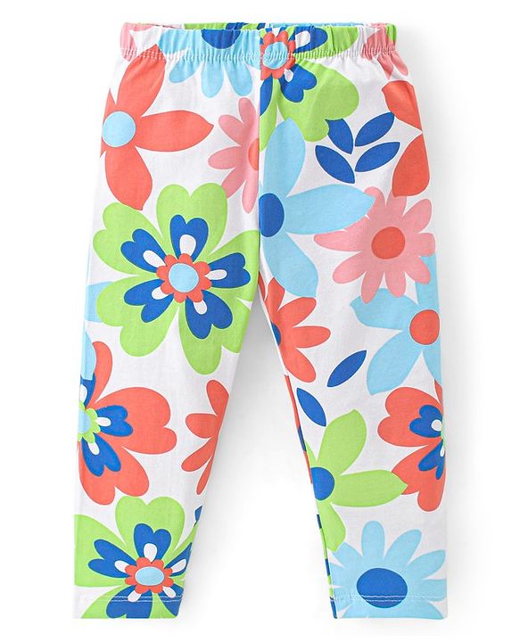Babyhug Cotton Lycra Knit Full Length Leggings With Strech Floral Print Pack of 3 - Multicolor
