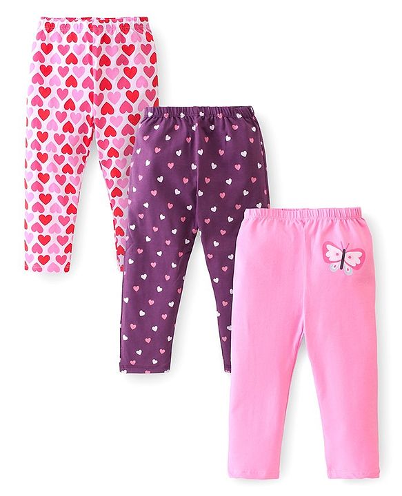 Babyhug Cotton Lycra Full Length Leggings Heart & Butterfly Print Pack of 3 - Multicolour
