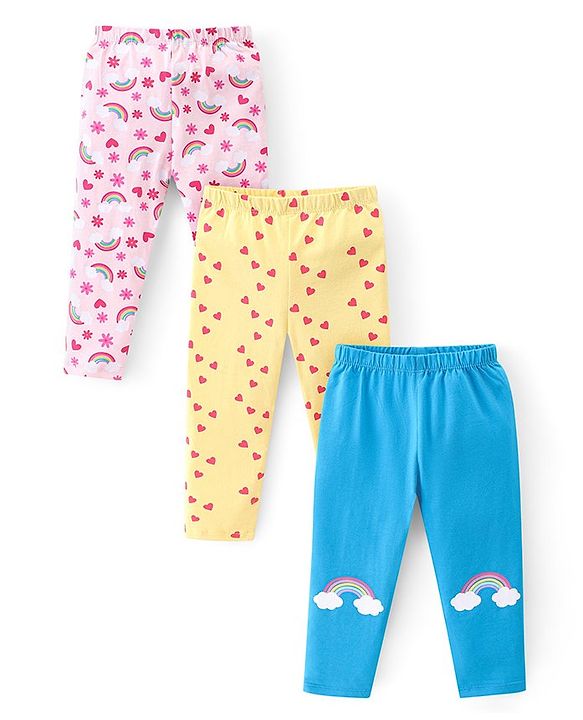 Babyhug Cotton Lycra Full Length Leggings With Heart & Floral Print Pack Of 3 - Multicolor