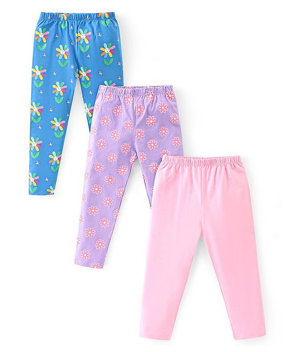 Babyhug Cotton Lycra Full Length Leggings Floral Print & Solid Pack of 3 - Multicolour