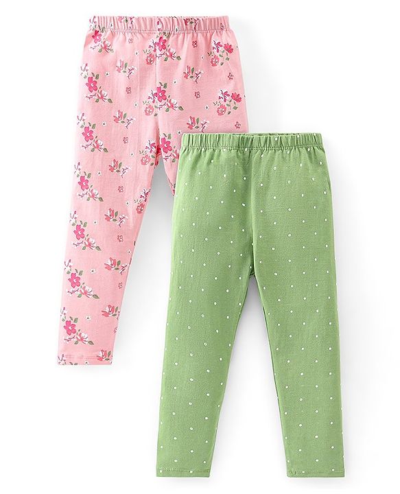 Babyhug Cotton Lycra Full Length Leggings Floral Printed Pack of 2 - Pink & Green