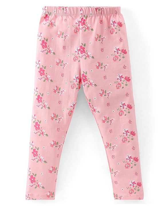 Babyhug Cotton Lycra Full Length Leggings Floral Printed Pack of 2 - Pink & Green