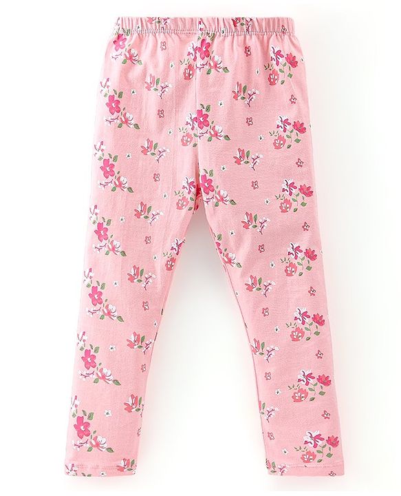 Babyhug Cotton Lycra Full Length Leggings Floral Printed Pack of 2 - Pink & Green