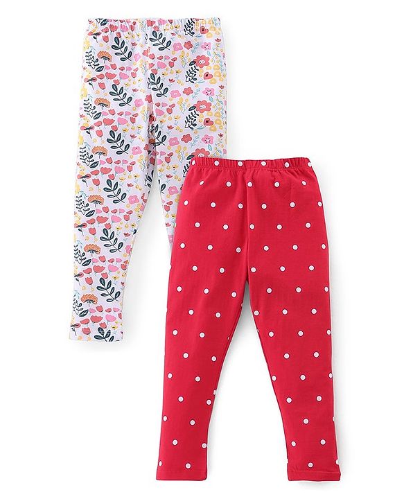 Babyhug Cotton Lycra Full Length Legging With Floral Print Pack Of 2 - Red & White