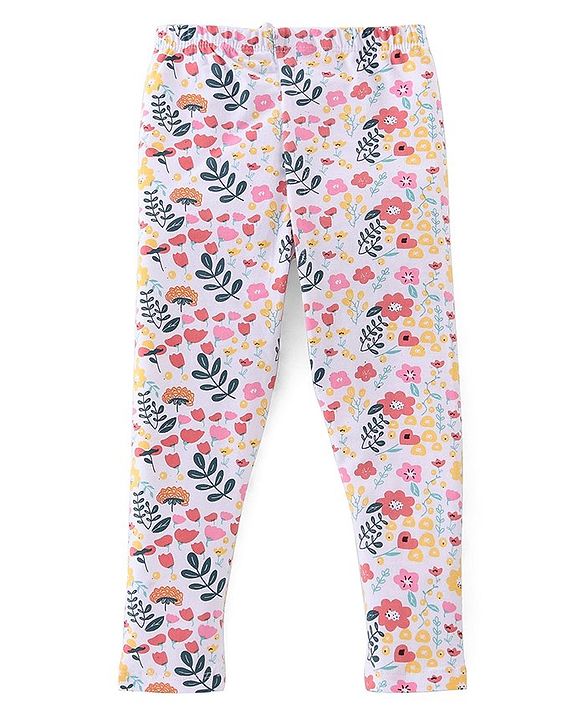 Babyhug Cotton Lycra Full Length Legging With Floral Print Pack Of 2 - Red & White