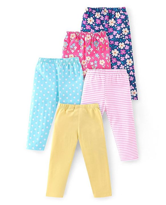 Babyhug Cotton Lycra Full Length Leggings With Floral Print & Polka Dots Print Pack Of 5 - Multicolour
