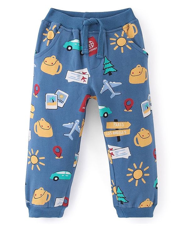 Babyhug Cotton Looper Full Length Lounge Pant With Car Print - Navy Blue