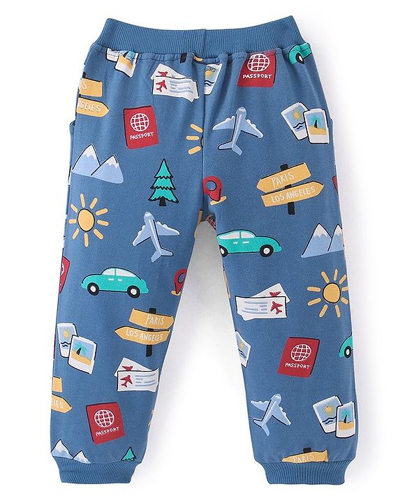 Babyhug Cotton Looper Full Length Lounge Pant With Car Print - Navy Blue