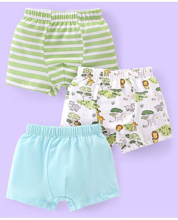 Babyhug 100% Cotton Animal Printed Trunk Pack of 3 - White Blue & Green