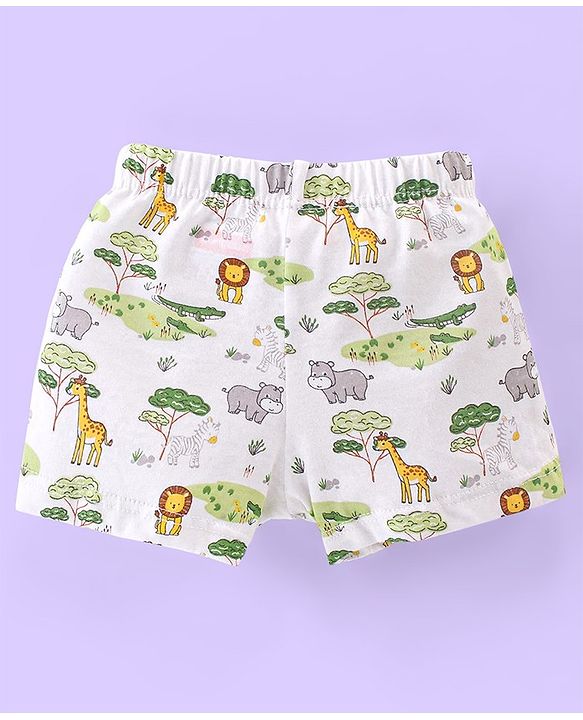 Babyhug 100% Cotton Animal Printed Trunk Pack of 3 - White Blue & Green