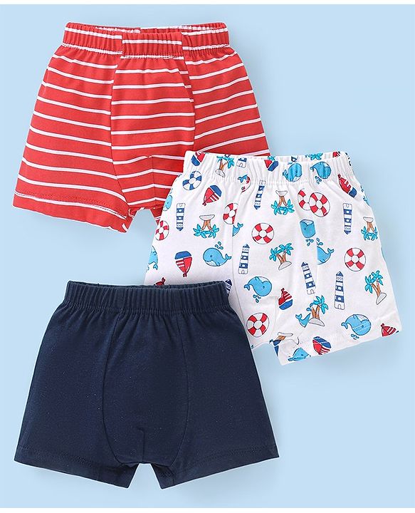 Babyhug 100% Cotton Striped & Whales Print Briefs Pack of 3 - Red White & Navy