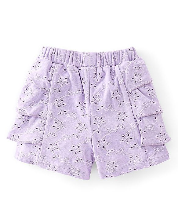 Babyhug Cotton Sleeveless Top & Shorts With Floral Embroidery - Purple