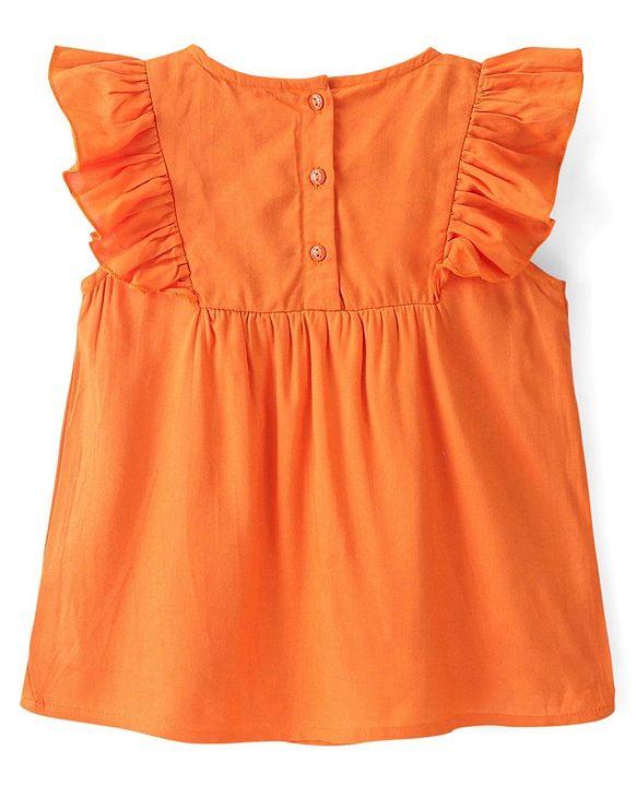 Babyhug Rayon Woven Sleeveless Top with Frill & Floral Embroidery Detailing - Orange