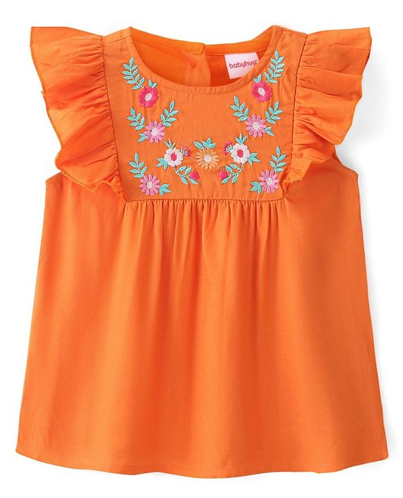 Babyhug Rayon Woven Sleeveless Top with Frill & Floral Embroidery Detailing - Orange