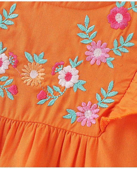Babyhug Rayon Woven Sleeveless Top with Frill & Floral Embroidery Detailing - Orange