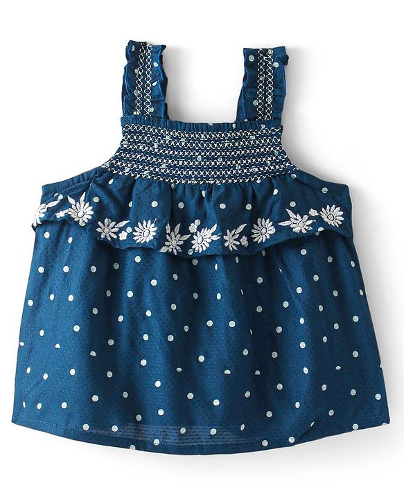 Babyhug Rayon Woven Sleeveless Top With Floral Embroidered- Navy Blue