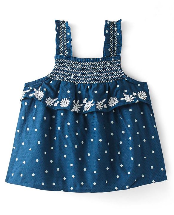 Babyhug Rayon Woven Sleeveless Top With Floral Embroidered- Navy Blue