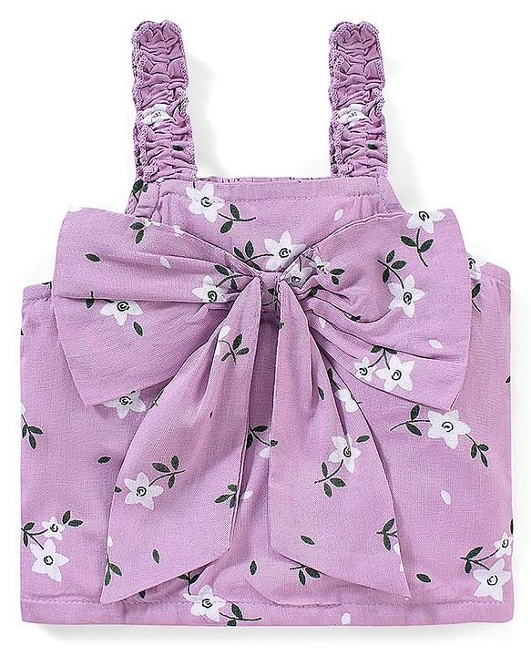 Babyhug Woven Rayon Sleeveless Top with Bow Detailing & Floral Print - Purple