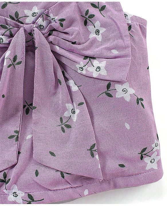 Babyhug Woven Rayon Sleeveless Top with Bow Detailing & Floral Print - Purple