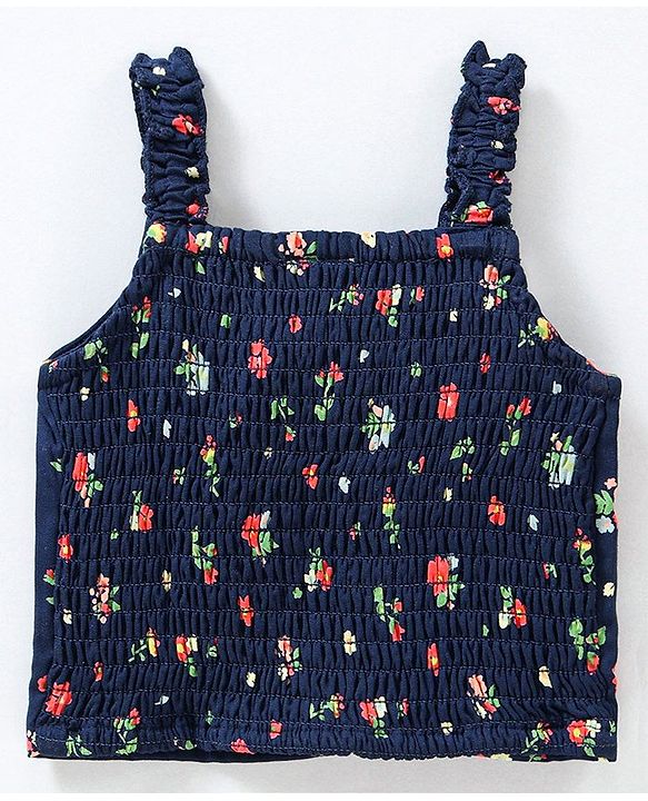 Babyhug Woven Rayon Sleeveless Top with Bow Detailing & Floral Print - Navy Blue