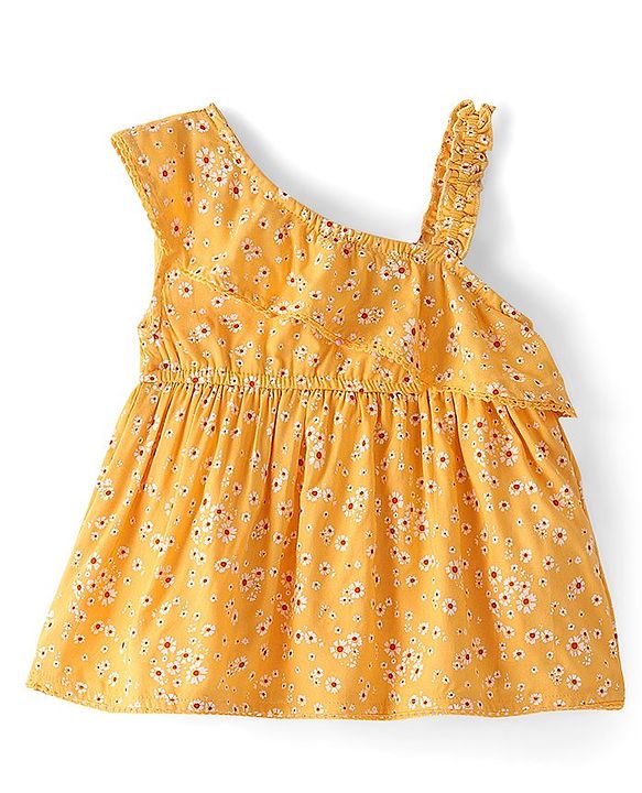 Babyhug Rayon Woven Singlet Sleeves Top with Frill & Lace Detailing Floral Print - Yellow