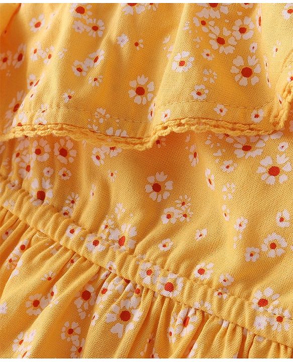 Babyhug Rayon Woven Singlet Sleeves Top with Frill & Lace Detailing Floral Print - Yellow