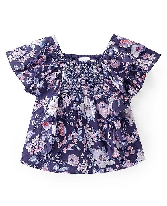 Babyhug Rayon Woven Half Sleeves Top With Smocking & Frill Detailing Floral Print - Purple