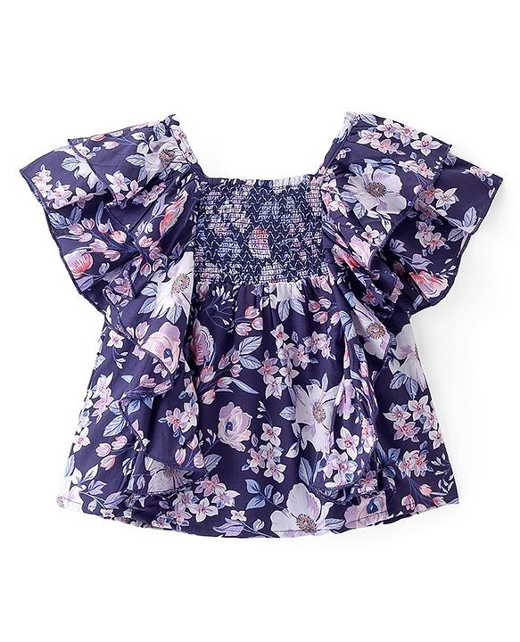Babyhug Rayon Woven Half Sleeves Top With Smocking & Frill Detailing Floral Print - Purple