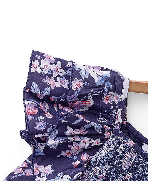 Babyhug Rayon Woven Half Sleeves Top With Smocking & Frill Detailing Floral Print - Purple