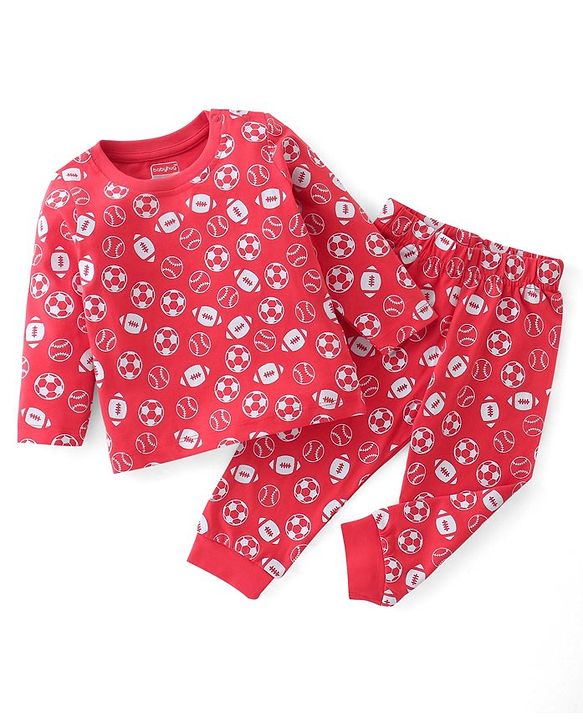 Babyhug Cotton Knit Full Sleeves Night Suit With Football Print - Red