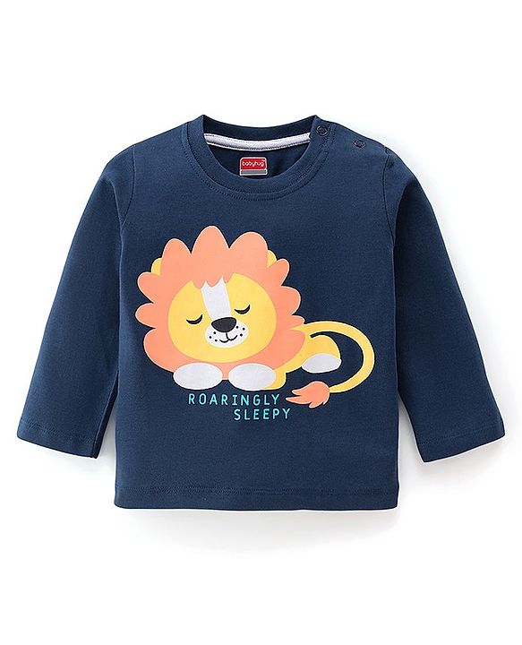 Babyhug Cotton Knit Full Sleeves Night Suit With Lion Print -Navy Blue & White