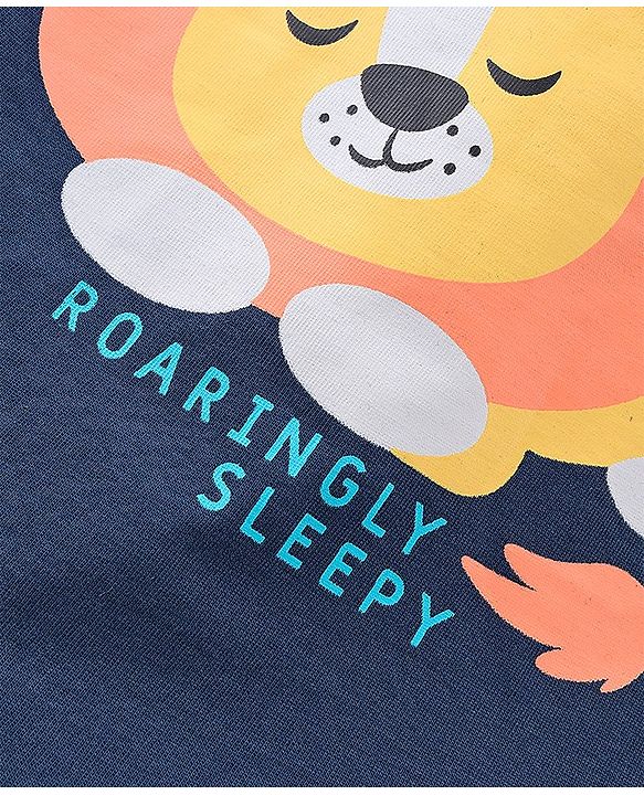 Babyhug Cotton Knit Full Sleeves Night Suit With Lion Print -Navy Blue & White