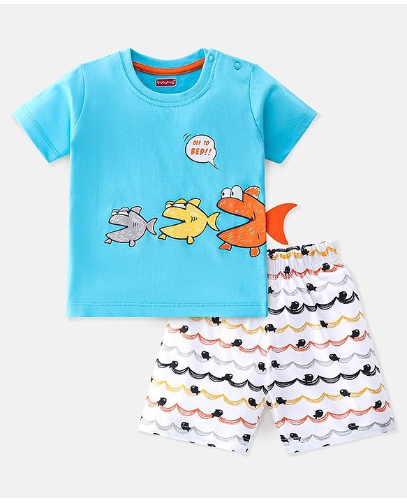 Babyhug Single Jersey Cotton Knit Half Sleeves Fish Printed Night Suit - Blue