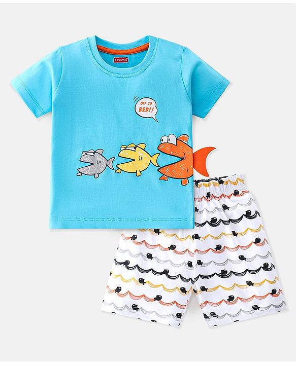 Babyhug Single Jersey Cotton Knit Half Sleeves Fish Printed Night Suit - Blue