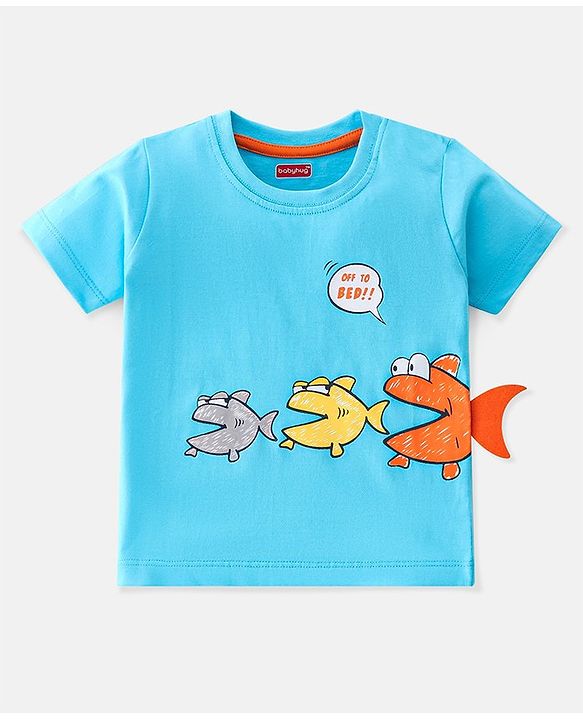 Babyhug Single Jersey Cotton Knit Half Sleeves Fish Printed Night Suit - Blue