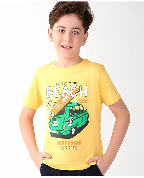 Pine Kids 100% Cotton Knit Half Sleeves T-Shirt With Car Print - Snapdragon