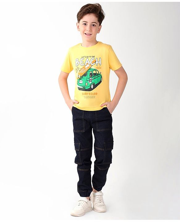 Pine Kids 100% Cotton Knit Half Sleeves T-Shirt With Car Print - Snapdragon