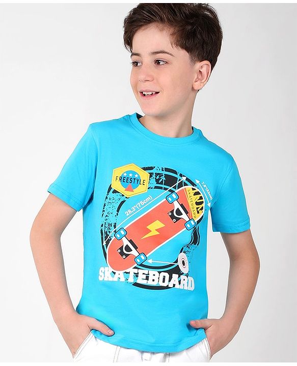 Pine Kids Cotton Half Sleeves T-Shirt Skateboard Print - Blue Atoll