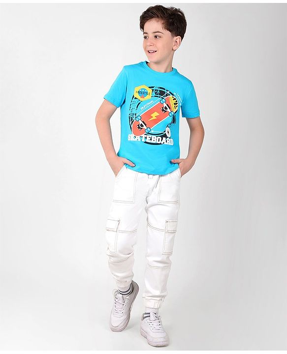 Pine Kids Cotton Half Sleeves T-Shirt Skateboard Print - Blue Atoll